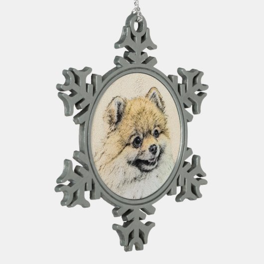 Spitz (Orange) Malerei - Originale Hundekunst Schneeflocken Zinn-Ornament (Links)