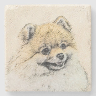 Spitz (Orange) Malerei - Originale Hundekunst Steinuntersetzer