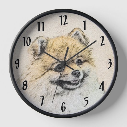 Spitz (Orange) Malerei - Originale Hundekunst Uhr (Vorderseite)