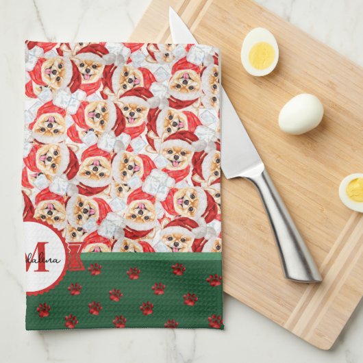 Spitz Pattern Monogram Christmas Dog Geschirrtuch (Viertel Falte)