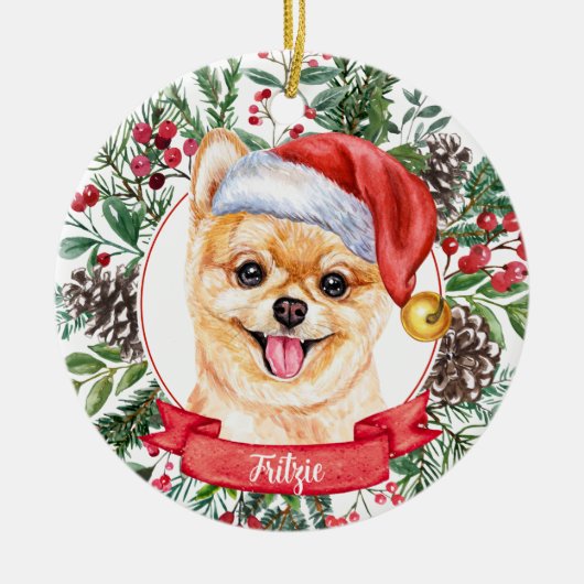 Spitz Pup Custom Dog Weihnachtsfeier Keramik Ornament (Vorne)
