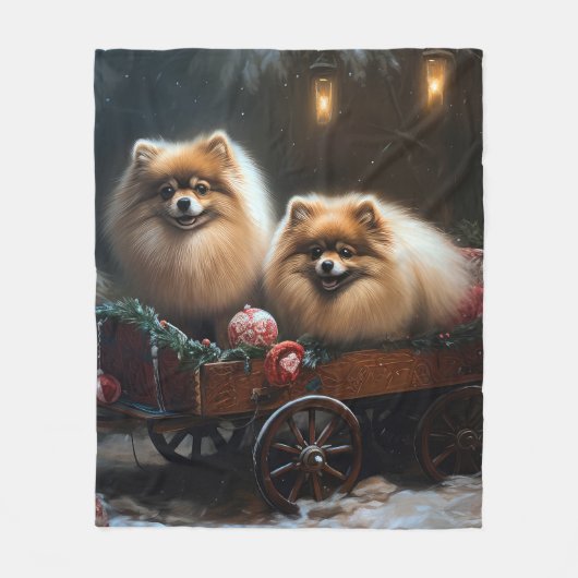 Spitz Snowy Sleigh Weihnachtsdekor Fleecedecke (Vorderseite)