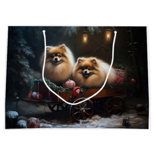 Spitz Snowy Sleigh Weihnachtsdekor Große Geschenktüte (Vorderseite)
