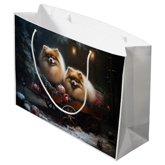 Spitz Snowy Sleigh Weihnachtsdekor Große Geschenktüte (Rückseite Schrägansicht)