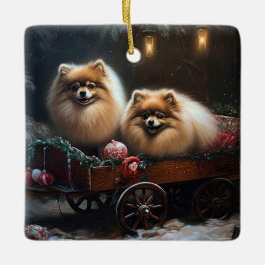 Spitz Snowy Sleigh Weihnachtsdekor Keramikornament (Vorderseite)