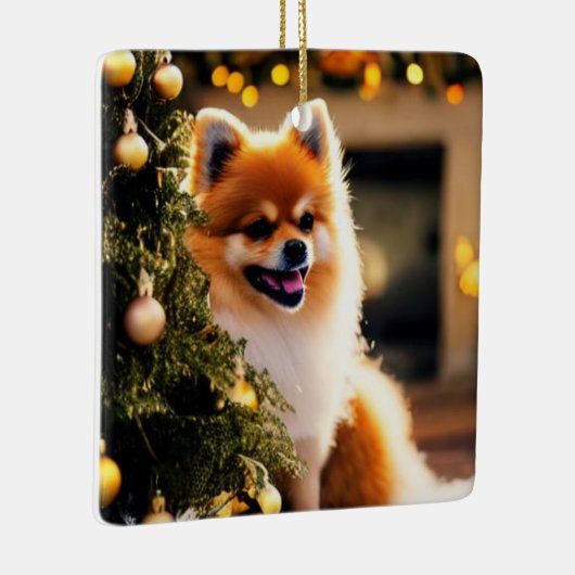 Spitz unter Weihnachtsbaum Keramikornament (Rechts)