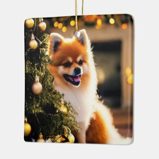 Spitz unter Weihnachtsbaum Keramikornament (Links)