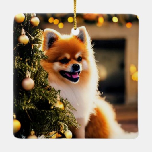 Spitz unter Weihnachtsbaum Keramikornament (Rückseite)