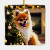 Spitz unter Weihnachtsbaum Keramikornament (Vorderseite)