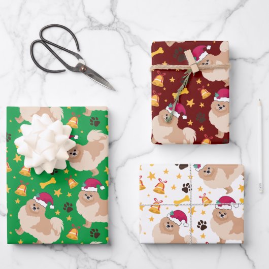 Spitz Weihnachten mit Weihnachtsmannmütze Geschenkpapier Set (Vorderseite)