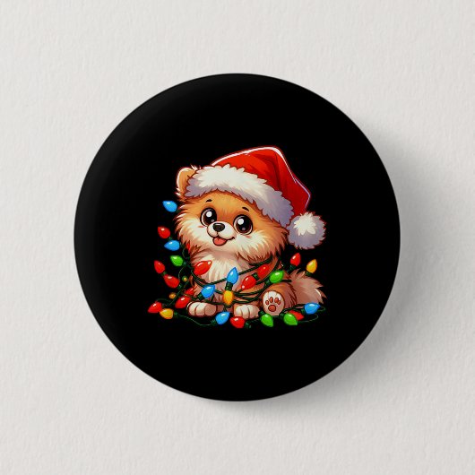 Spitz Weihnachtslicht Hund Funny Xmas Button (Vorderseite)