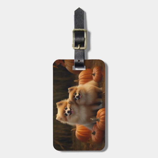 Spitz Welpe Herbst Kürbis Gepäckanhänger (Vorderseite vertikal)