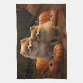 Spitz Welpe Herbst Kürbis Geschirrtuch (Vertikal)