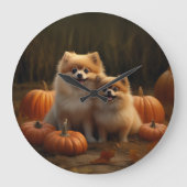 Spitz Welpe Herbst Kürbis Große Wanduhr (Vorderseite)