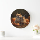 Spitz Welpe Herbst Kürbis Große Wanduhr (Zuhause)