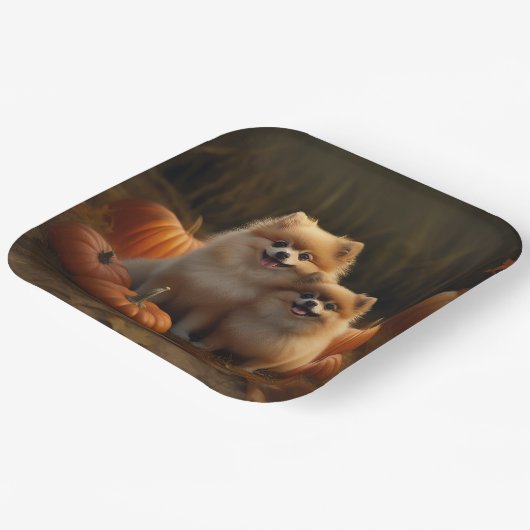 Spitz Welpe Herbst Kürbis Pappteller (Gewinkelt)