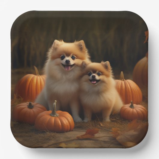Spitz Welpe Herbst Kürbis Pappteller (Vorderseite)