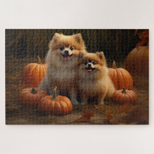 Spitz Welpe Herbst Kürbis Puzzle (Horizontal)