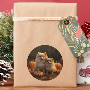 Spitz Welpe Herbst Kürbis Runder Aufkleber