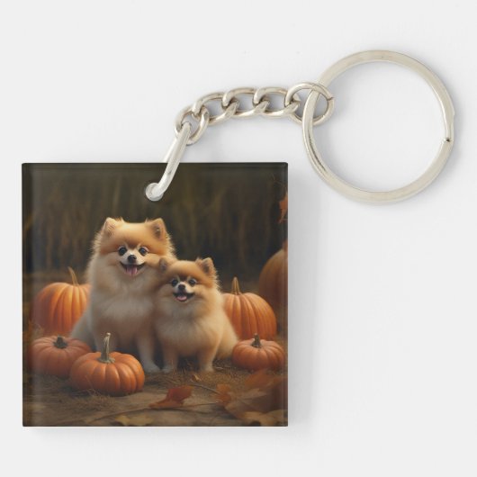Spitz Welpe Herbst Kürbis Schlüsselanhänger (Rückseite)