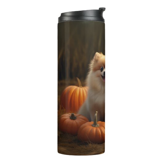 Spitz Welpe Herbst Kürbis Thermosbecher (Nach links gedreht)