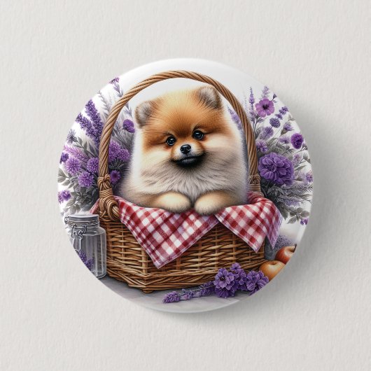 Spitz Welpe Hund Wasserfarbe Wildblume Picnic Button (Vorderseite)
