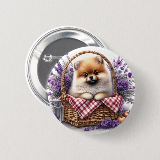 Spitz Welpe Hund Wasserfarbe Wildblume Picnic Button (Vorne & Hinten)