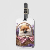 Spitz Welpe Hund Wasserfarbe Wildblume Picnic Gepäckanhänger (Vorderseite Vertikal)