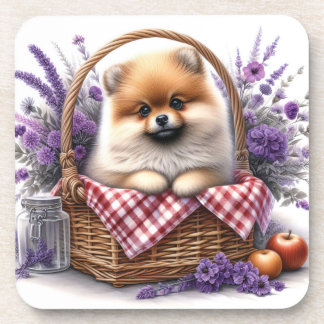 Spitz Welpe Hund Wasserfarbe Wildblume Picnic Getränkeuntersetzer
