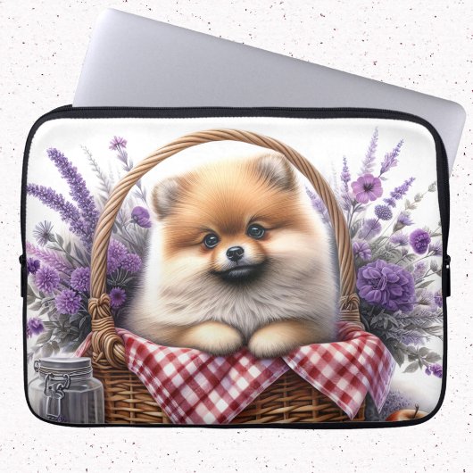 Spitz Welpe Hund Wasserfarbe Wildblume Picnic Laptopschutzhülle