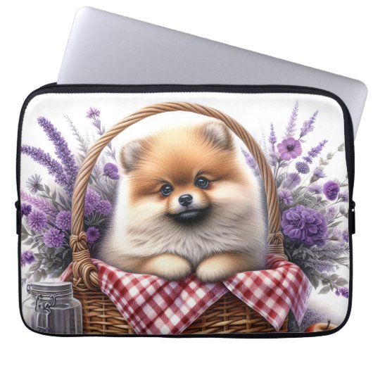Spitz Welpe Hund Wasserfarbe Wildblume Picnic Laptopschutzhülle (Vorderseite)