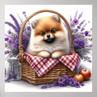 Spitz Welpe Hund Wasserfarbe Wildblume Picnic Poster