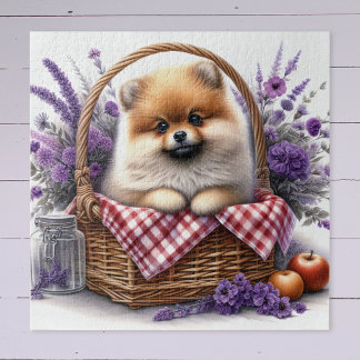 Spitz Welpe Hund Wasserfarbe Wildblume Picnic Puzzle