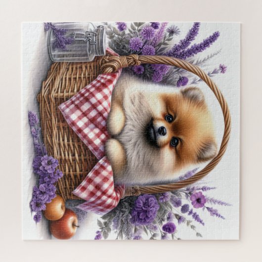 Spitz Welpe Hund Wasserfarbe Wildblume Picnic Puzzle (Horizontal)