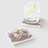 Spitz Welpe Hund Wasserfarbe Wildblume Picnic Steinuntersetzer (Seitenansicht)