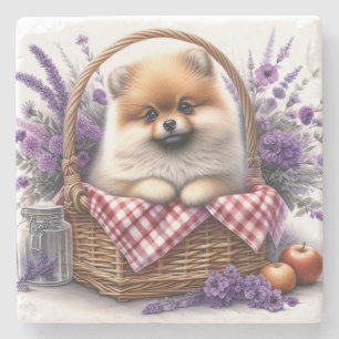 Spitz Welpe Hund Wasserfarbe Wildblume Picnic Steinuntersetzer