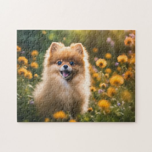 Spitz Welpe im Feld Blume Puzzle (Horizontal)