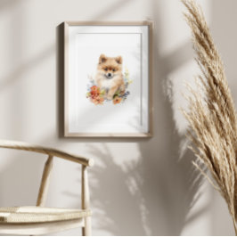 Spitz Welpe Pet Wasserfarbe Blume Poster