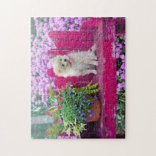 Spitz Welpen Hund auf der Hütte Garden Bench Puzzle (Vertikal)