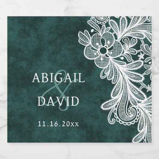 Spitze auf Smaragdgrüne Imitate Velvet Wedding Alkoholflaschenetikett (Einzelnes Label)