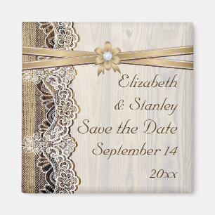 Spitze, Band-Blume & Holz Hochzeit Save the Date Magnet