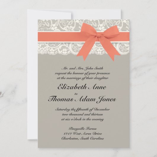 Spitze-Band-graue und korallenrote Einladung (Vorderseite)
