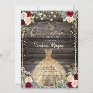 Spitze, Diadem, Kleid, Rosen Dunkle Holz Quinceañ Einladung