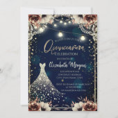 Spitze, Diamanten Kleid Dark Blue Floral Quinceañe Einladung (Vorderseite)