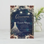 Spitze, Diamanten Kleid Dark Blue Floral Quinceañe Einladung (Stehend Vorderseite)