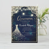 Spitze, Diamanten Kleid Dark Blue Quinceañera Einladung (Stehend Vorderseite)