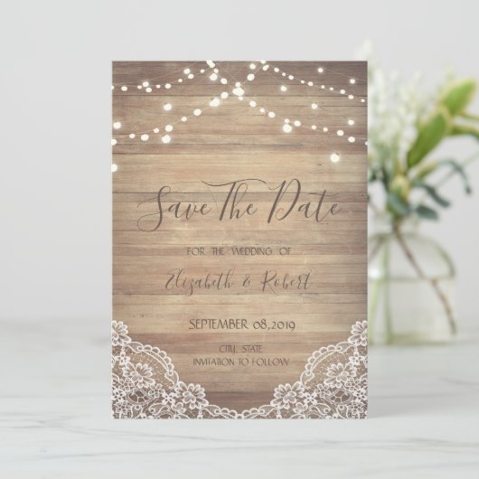 Spitze, Holzstruktur, Streichleuchten Save the Dat Save The Date (Stehend Vorderseite)