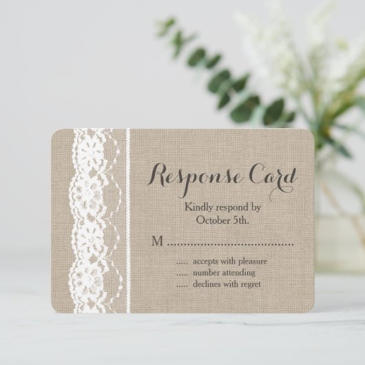 Spitze in Weiß auf Burlap UAWG 2 RSVP Karte (Stehend Vorderseite)