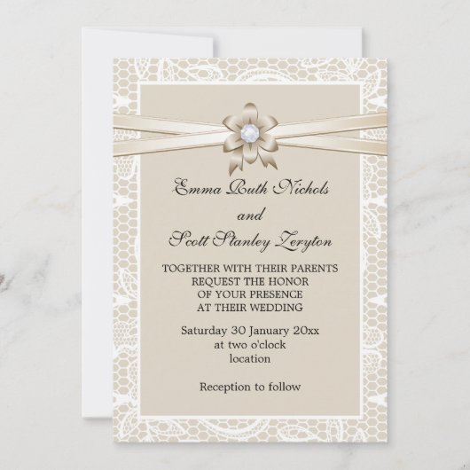Spitze mit Beige-Band-Hochzeit Einladung (Vorderseite)
