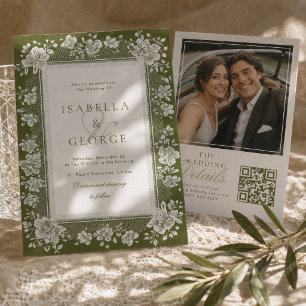 Spitze Olivgrün Spitze Old Money QR Foto Hochzeit Einladung